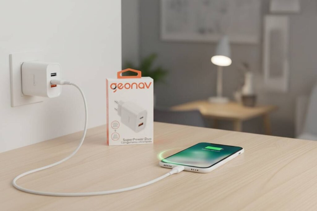 Carregador Geonav é Bom para iPhone? Carregador carregando celular na mesa.
