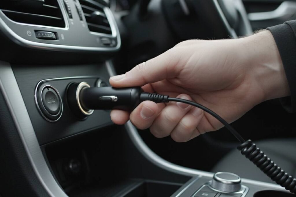 Homem colocando os melhores carregadores veiculares na entrada 12v do carro